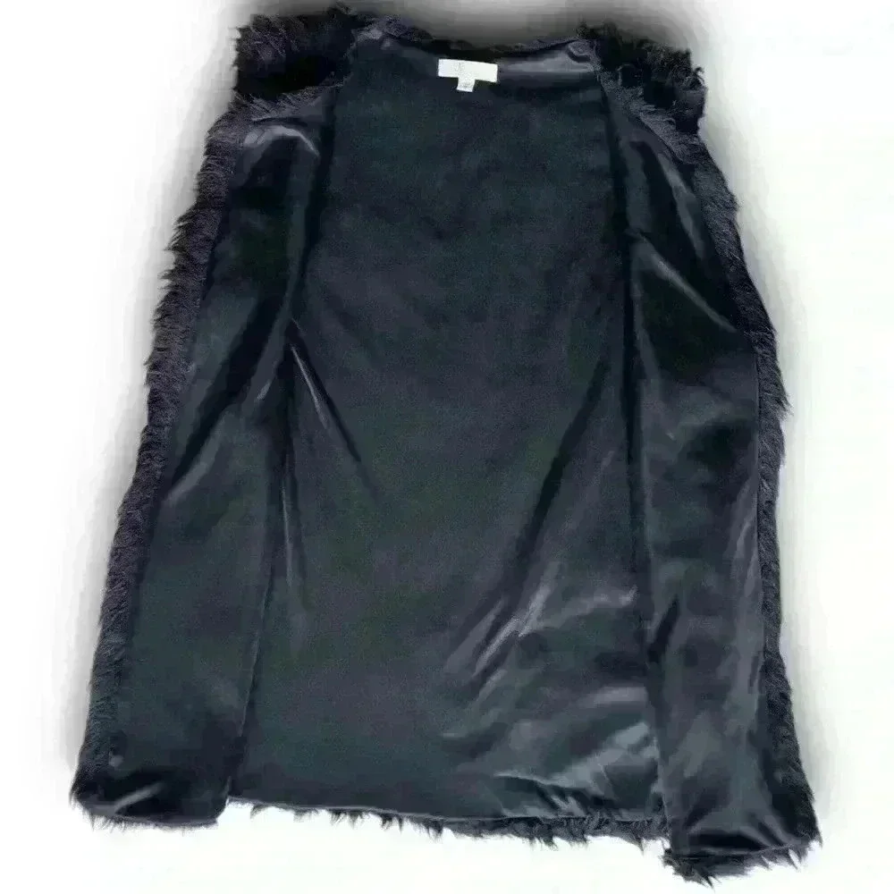 vtg‎ y2k black mobwife faux fur sleeveless vest hidden side pockets open front m